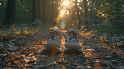 Pair of trail running shoes strategically placed on a forest path with golden hour light, suggesting healthy lifestyle and adventure in nature