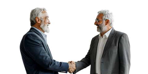 Isolated smiling middle aged business man handshaking partner on white	
