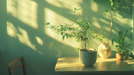 A serene setting of a potted plant on a wooden table bathed in the warmth of the sunlight