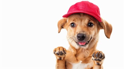 Precious Puppy: Adorable Dog Wearing Cap Playfully Holds Sign on White Background