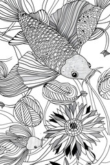 Fish and Flowers Drawing on White Background, coloring page