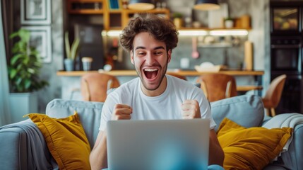 Fototapeta premium Happy excited young man with laptop at home sitting on a couch, received good news, got promotion, finished project, generative ai