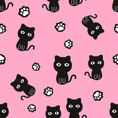 Seamless pattern with cat kitten and paw prints on pink background vector. 