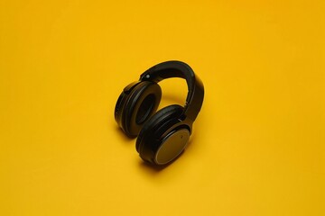 A stylish pair of black, over-ear wireless headphones placed centrally on a vibrant yellow background, exuding modernity and simplicity