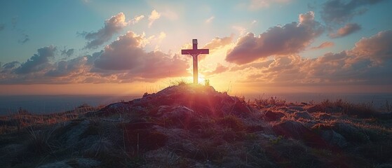 Calvary And Resurrection Concept - Cross With Robe And Crown Of Thorns On Hill At Sunset - obrazy, fototapety, plakaty