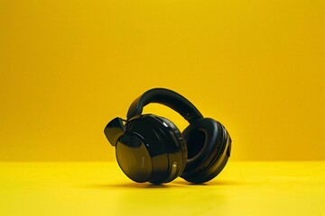 A pair of black headphones isolated against a vibrant yellow backdrop, emphasizing simplicity and...