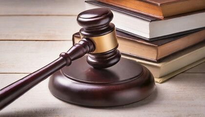 Wooden gavel and books on wooden table, law concept