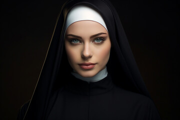 Generated with AI image of young catholic nun praying in church on dark background - obrazy, fototapety, plakaty