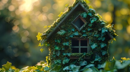 Home icon atop a wall of green leaves, Eco home system.
