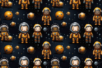 Seamless pattern with cute cartoon characters astronauts in space on black background. Texture for decoration of children fabrics and textiles
