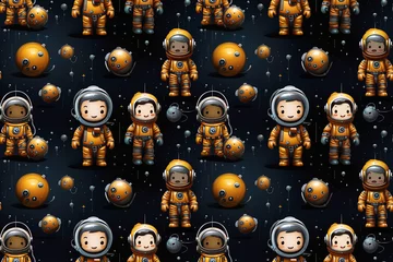 Tuinposter Seamless pattern with cute cartoon characters astronauts in space on black background. Texture for decoration of children fabrics and textiles © alexkoral