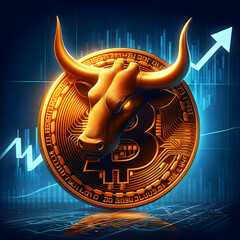 Bitcoin symbol with bull head indicating bull market sentiment