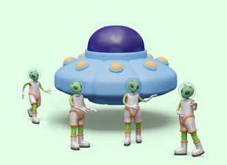 Aliens in spacesuits near UFO. Green humanoids stand near flying saucer