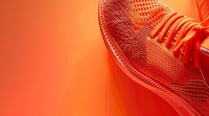 Macro photo showcasing the intricate texture of an orange knit fabric on a sports shoe with dynamic...