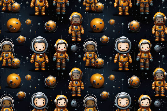 Seamless pattern with cute cartoon characters astronauts in space on black background. Texture for decoration of children fabrics and textiles