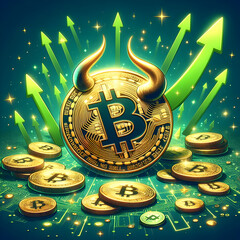 Bitcoin symbol with bull head indicating bull market sentiment