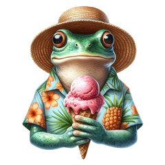 A frog is eating an ice cream while wearing a summer hat and Aloha shirt, watercolor clipart illustration with isolated background