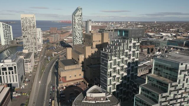 Liverpool waterfront buildings along the River Mersey, England