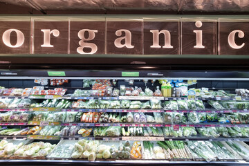Organic signage or word on supermarket aisle that retails fresh, healthy and pesticide free...