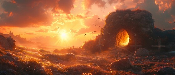 Resurrection - Empty Tomb With Rolled Stones - Doves Flying Out Of Cave - Crosses On Hill, Sunrise - obrazy, fototapety, plakaty