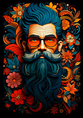 A unique piece of art in an abstract tribal style featuring a bearded man. Stunning bright beard on an orange background. Fun and eye-catching design for art lovers.