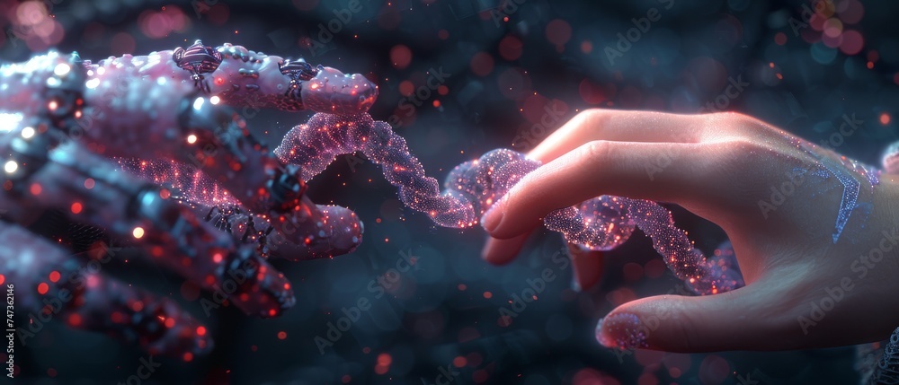 Leinwandbilder The hands of a robot and a human are touching DNA and connecting in a virtual interface. This is a concept of science and innovation, of artificial intelligence.