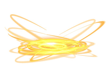 Yellow magic fantasy portal. Futuristic teleport. Light effect. Yellow candles rays of a night scene with sparks on a transparent background. Empty light effect of the podium. Disco club dance floor. 
