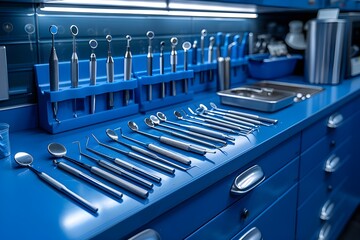 neat row of modern dental equipment or tools on the table. Dental tools and other accessories used by dentists.
