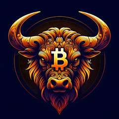 Bitcoin symbol with bull head indicating bull market sentiment - obrazy, fototapety, plakaty