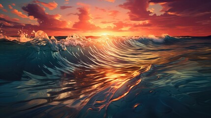 Vibrant sunset over dynamic ocean waves, artistic rendering