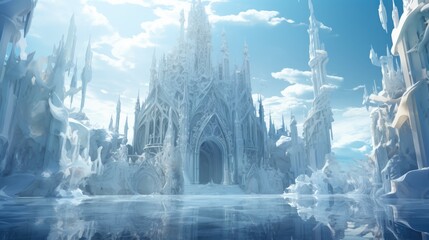 A majestic ice castle rises in a serene frozen landscape
