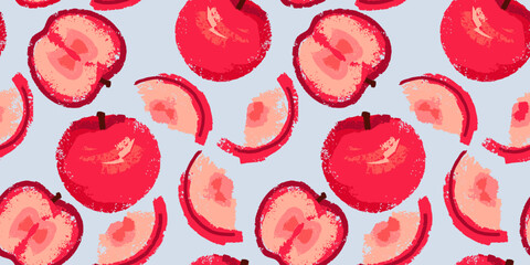 Colorful seamless pattern with abstract texture red apples and apple slices on a blue background. Vector hand drawn sketch apples print. Collage template for designs, textiles