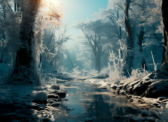 Stunning visual effects of a frozen forest flooded with sunlight Light blue and white color scheme to create a serene atmosphere A unique and captivating design style that captures the beauty nature