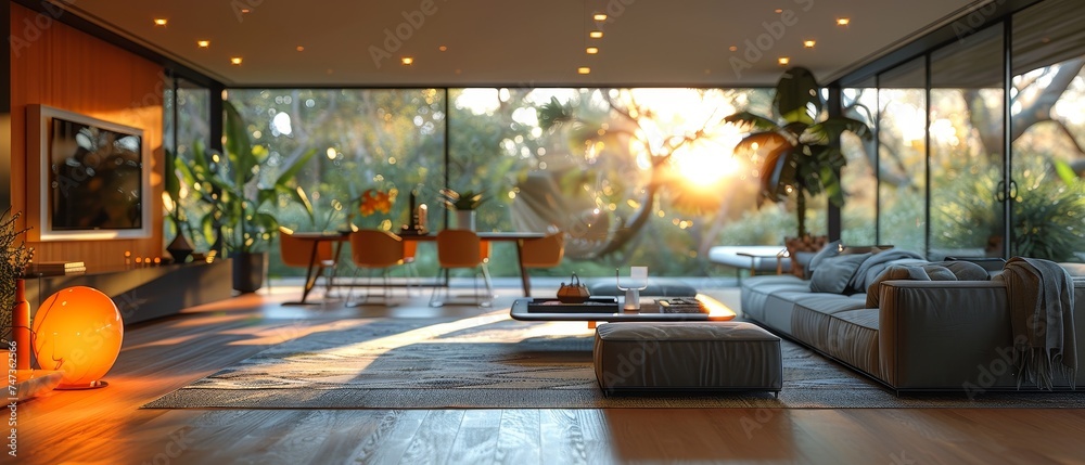 Poster an app-enabled mobile phone on a smart home in a modern dining room