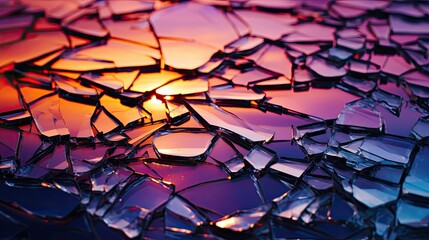 Cracked glass texture overlaying a colorful sunrise - obrazy, fototapety, plakaty