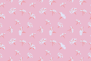 Fototapeta premium Pastel pink summer seamless pattern with abstract tiny cute flowers buds. Simple creative shapes floral patterned. Vector hand drawn sketch. Collage template for designs, textile, fabric, printing