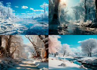 Stunning visual effects of a frozen forest in blue and white colors. A unique combination of fantasy and winter aesthetics. Ideal for those who enjoy a tranquil and charming environment.