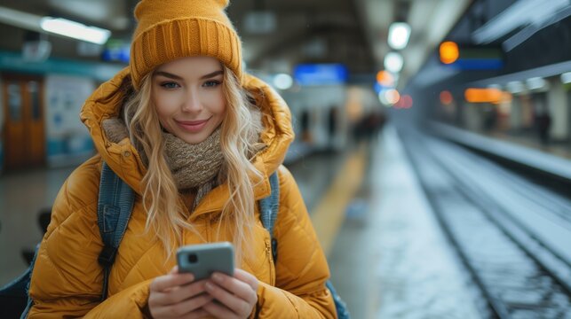 Young tourist woman at train station waiting to take a train and travel,  Using mobile phone and smiling, Tourism and lifestyle concept, Female texting on smart phone at subway station, generative ai