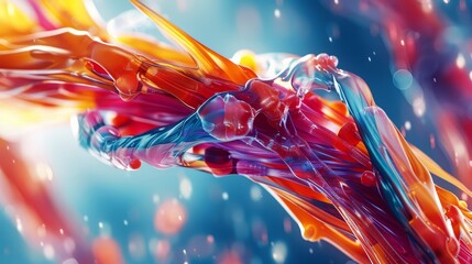 An energetic and vibrant digital artwork of liquid splash in motion with a fusion of red, blue, and orange colors. - obrazy, fototapety, plakaty