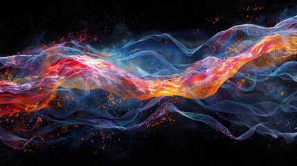 Fototapeta premium Artistic rendering of synaptic transmission with vibrant waveforms and sparkling particles, evoking a sense of cosmic activity.
