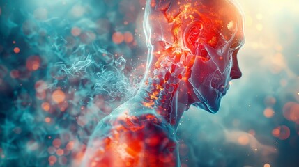 Digital visualization of human anatomy highlighting the ear and neck region with glowing red and blue hues, set against a particle-infused background. - obrazy, fototapety, plakaty