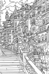 Fototapeta premium Black and White Drawing of a City Street, coloring page