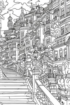 Black and White Drawing of a City Street, coloring page