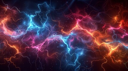 A stunning visual simulation of neural pathways, depicted as electric currents flowing in vibrant hues, representing cognitive processes and brain activity.