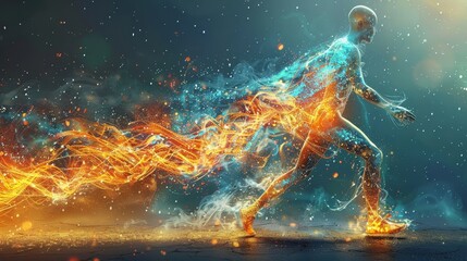 A striking visualization of the human body in motion, enveloped in a fiery energy flow, symbolizing power, speed, and vitality.