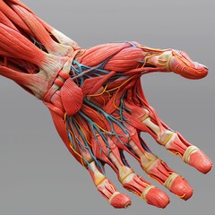 A detailed anatomical model displays the intricate network of muscles, tendons, and blood vessels in the human hand and forearm. - obrazy, fototapety, plakaty
