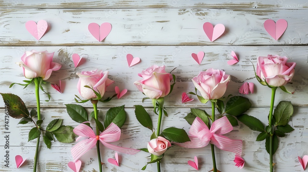 Poster A pink roses, bow, and heart-shaped paper background for Valentine's Day