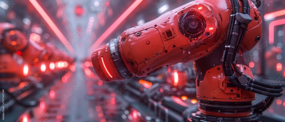 Poster an example of smart industry robot arms for digital factory production technology, demonstrating the