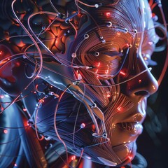 Close-up of a 3D model human face intertwined with glowing neural network wires, symbolizing advanced AI and technology.