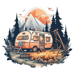 Illustration of a T Shirt Design Camp Club With Camp Trailer In The Wild Vintage Illustration, for t-shirt, Sticker, Poster. Vector Illustration PNG Image